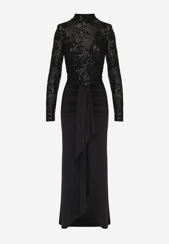 Czarna Cekinowa Sukienka Wieczorowa z Półgolfem i Trenem Eylnore 6