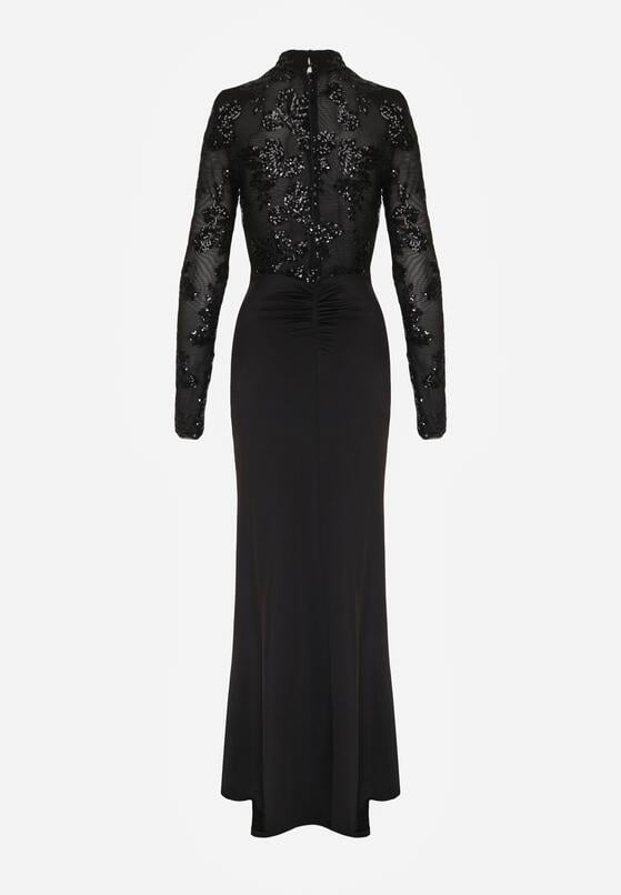 Czarna Cekinowa Sukienka Wieczorowa z Półgolfem i Trenem Eylnore 7