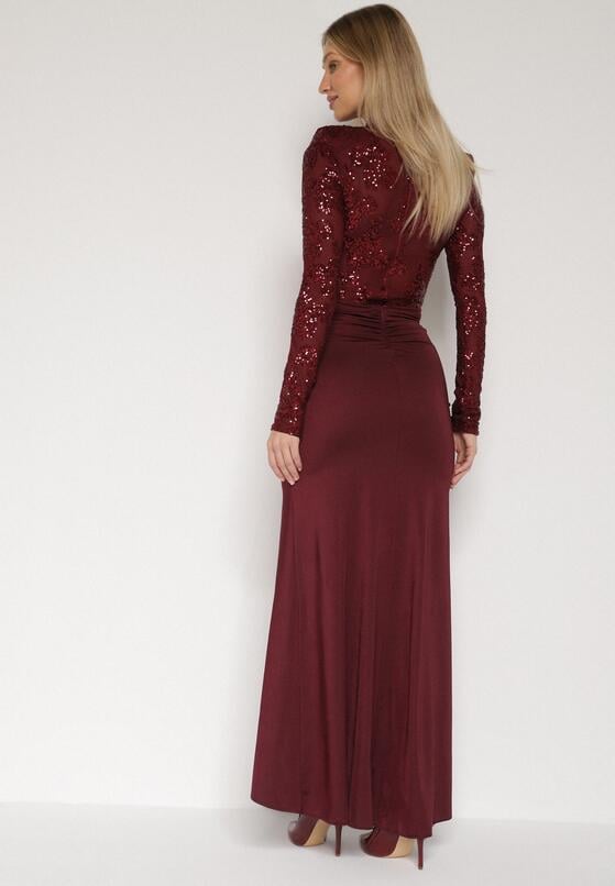 Bordowa Cekinowa Sukienka Wieczorowa z Półgolfem i Trenem Eylnore 3