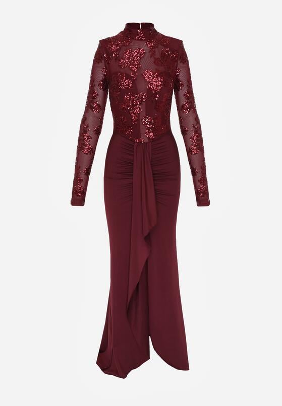 Bordowa Cekinowa Sukienka Wieczorowa z Półgolfem i Trenem Eylnore 6