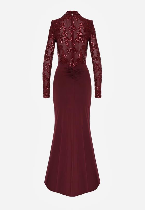 Bordowa Cekinowa Sukienka Wieczorowa z Półgolfem i Trenem Eylnore 7