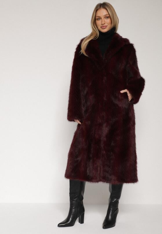 Bordowy Jednorzędowy Płaszcz Futerko o Klasycznym Kroju Yrelsha 1