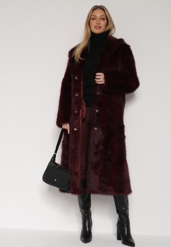 Bordowy Jednorzędowy Płaszcz Futerko o Klasycznym Kroju Yrelsha 2