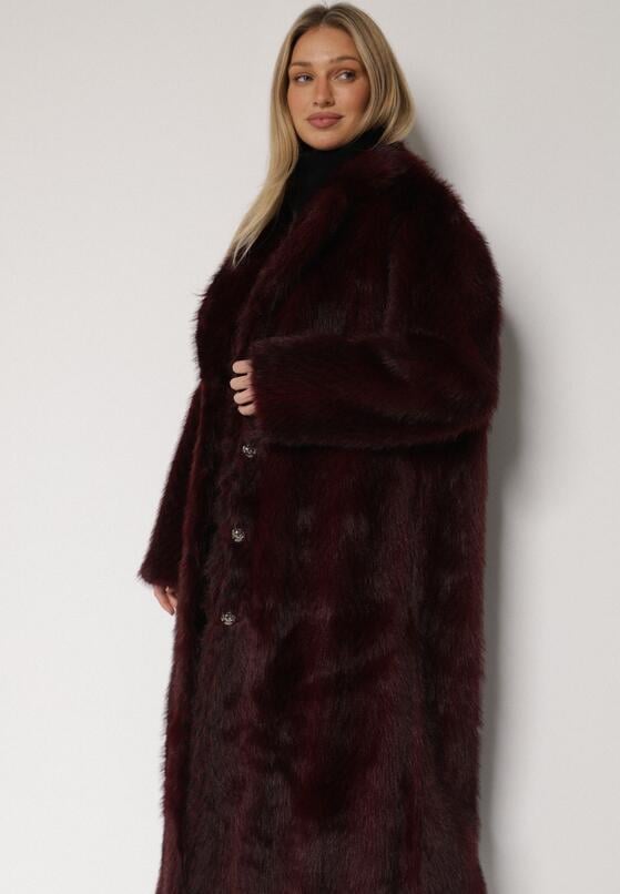 Bordowy Jednorzędowy Płaszcz Futerko o Klasycznym Kroju Yrelsha 4