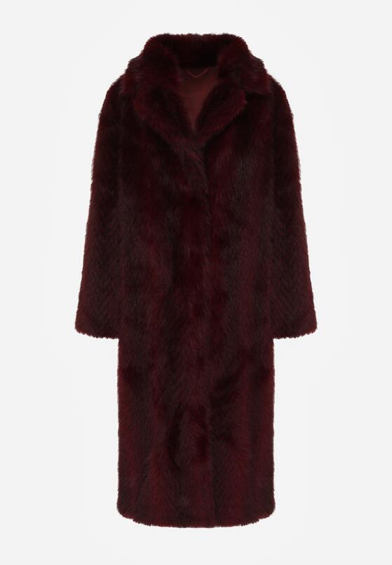 Bordowy Jednorzędowy Płaszcz Futerko o Klasycznym Kroju Yrelsha 6