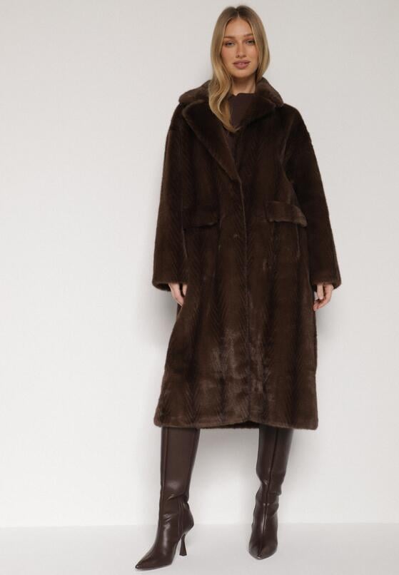 Brązowy Płaszcz Futerko o Kroju Oversize z Kieszeniami z Klapami Namys 1