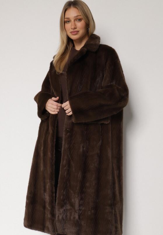 Brązowy Płaszcz Futerko o Kroju Oversize z Kieszeniami z Klapami Namys 4