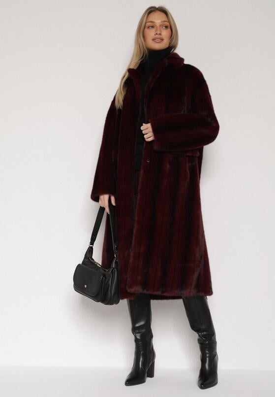 Bordowy Płaszcz Futerko o Kroju Oversize z Kieszeniami z Klapami Namys 2