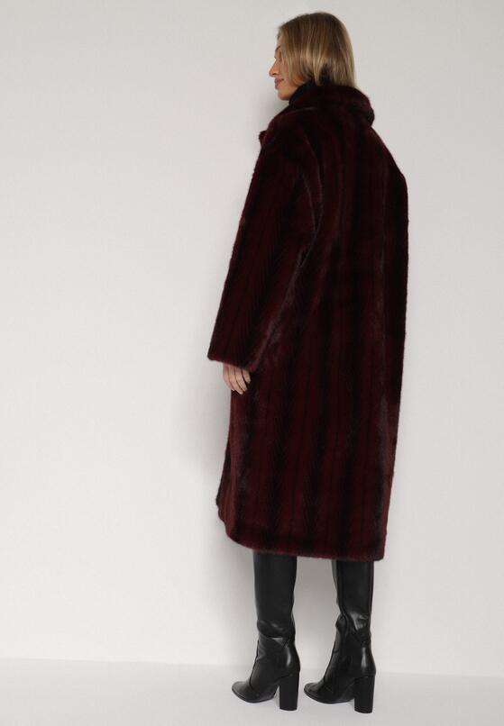Bordowy Płaszcz Futerko o Kroju Oversize z Kieszeniami z Klapami Namys 3