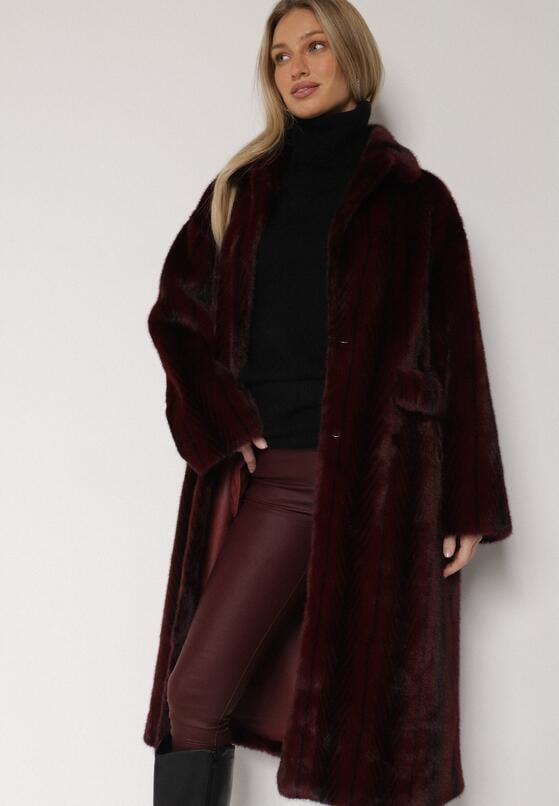 Bordowy Płaszcz Futerko o Kroju Oversize z Kieszeniami z Klapami Namys 4
