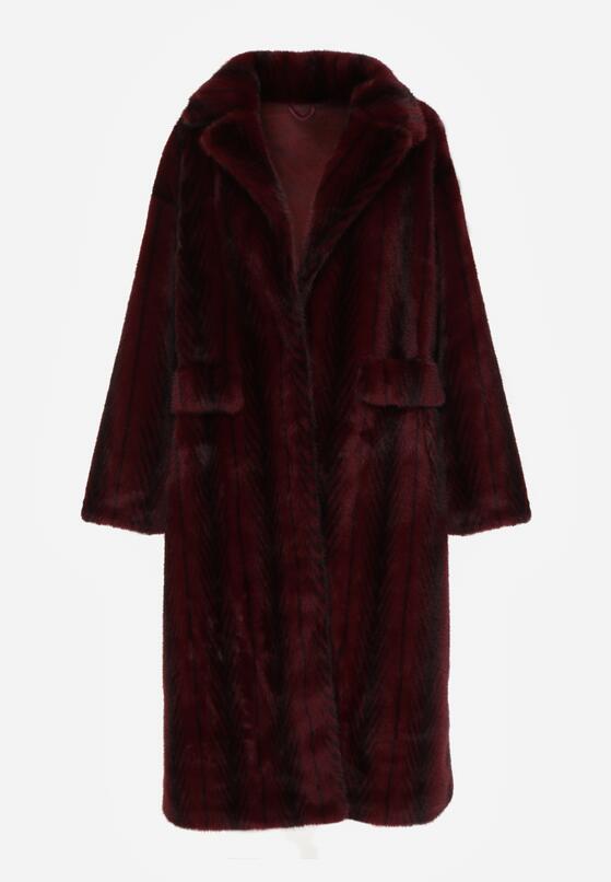 Bordowy Płaszcz Futerko o Kroju Oversize z Kieszeniami z Klapami Namys 6