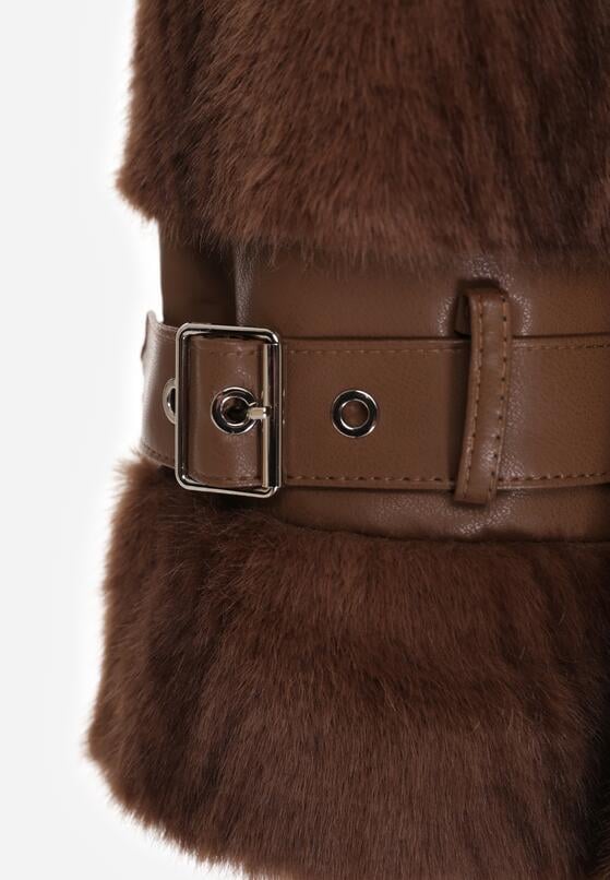 Brązowy Futrzany Płaszcz z Wiązanym Paskiem i Ozdobnymi Sprzączkami Felryna 8