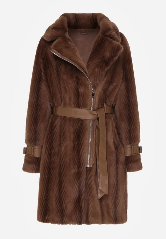 Brązowy Futrzany Płaszcz z Wiązanym Paskiem i Ozdobnymi Sprzączkami Felryna 6