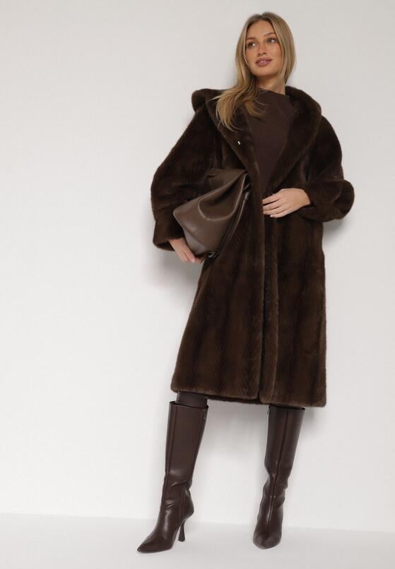 Brązowy Płaszcz Futerko w Pionowy Wzór z Kapturem Cahroris 2