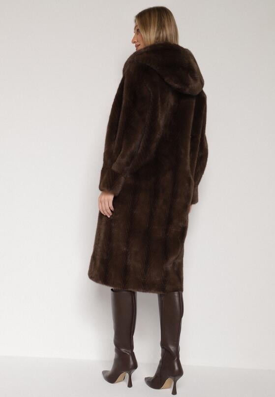 Brązowy Płaszcz Futerko w Pionowy Wzór z Kapturem Cahroris 3