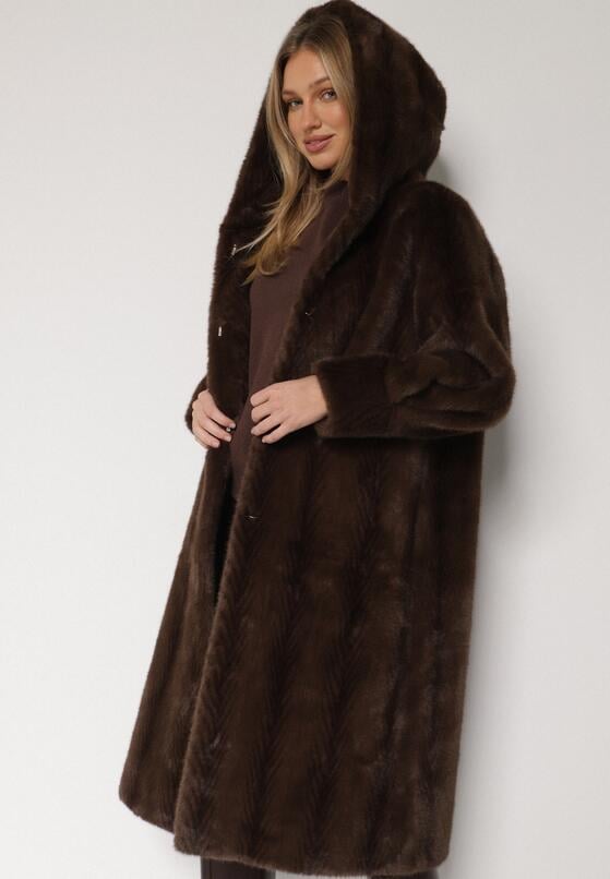 Brązowy Płaszcz Futerko w Pionowy Wzór z Kapturem Cahroris 4