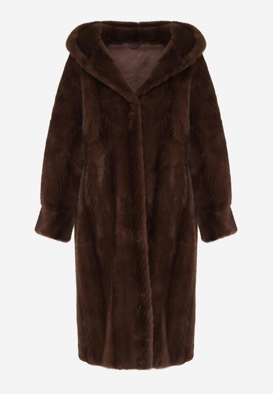 Brązowy Płaszcz Futerko w Pionowy Wzór z Kapturem Cahroris 6