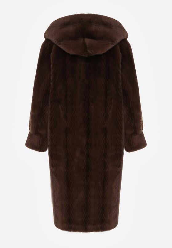 Brązowy Płaszcz Futerko w Pionowy Wzór z Kapturem Cahroris 7