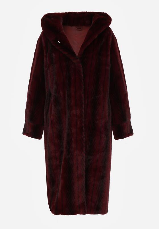 Bordowy Płaszcz Futerko w Pionowy Wzór z Kapturem Cahroris 6