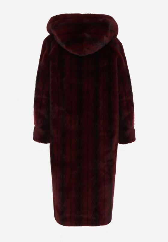 Bordowy Płaszcz Futerko w Pionowy Wzór z Kapturem Cahroris 7