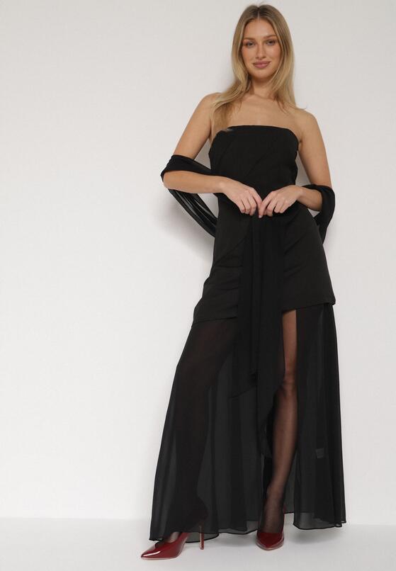 Czarna Koktajlowa Sukienka z Odkrytymi Ramionami i Dodatkowym Szalem Krynaya 1