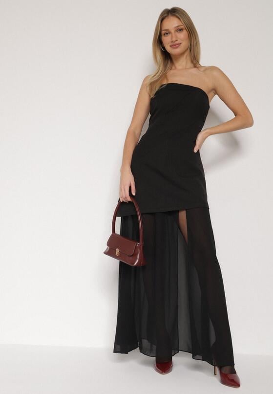 Czarna Koktajlowa Sukienka z Odkrytymi Ramionami i Dodatkowym Szalem Krynaya 2