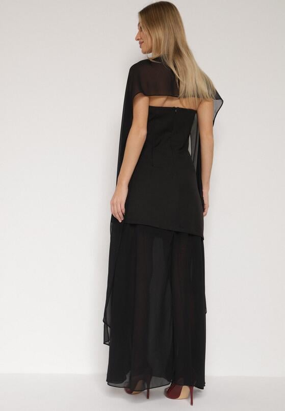 Czarna Koktajlowa Sukienka z Odkrytymi Ramionami i Dodatkowym Szalem Krynaya 3