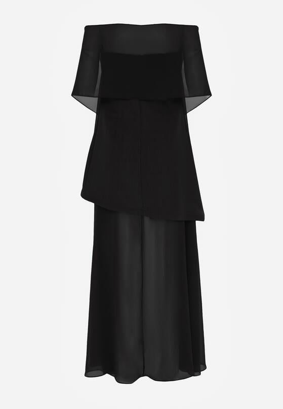 Czarna Koktajlowa Sukienka z Odkrytymi Ramionami i Dodatkowym Szalem Krynaya 7