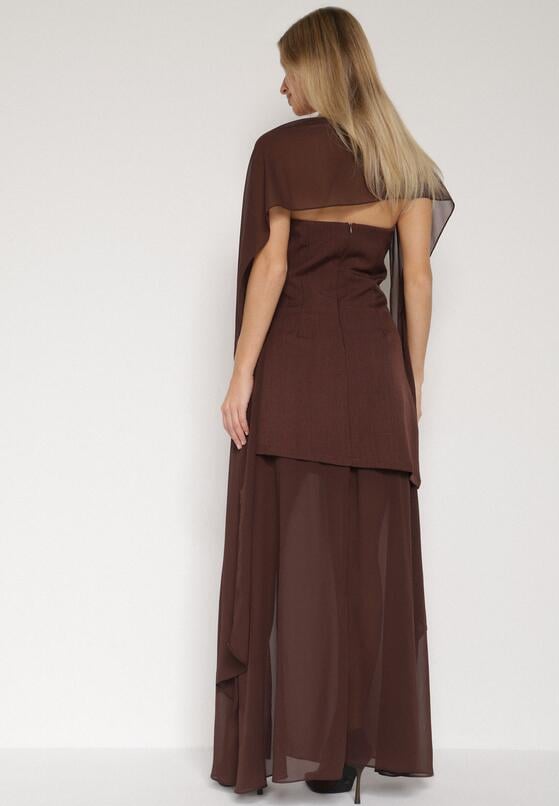 Brązowa Koktajlowa Sukienka z Odkrytymi Ramionami i Dodatkowym Szalem Krynaya 3