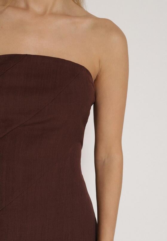 Brązowa Koktajlowa Sukienka z Odkrytymi Ramionami i Dodatkowym Szalem Krynaya 5