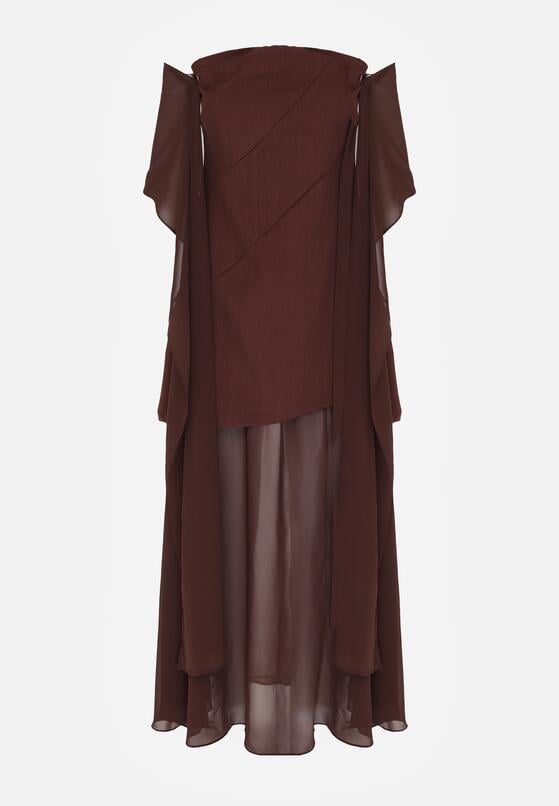 Brązowa Koktajlowa Sukienka z Odkrytymi Ramionami i Dodatkowym Szalem Krynaya 6