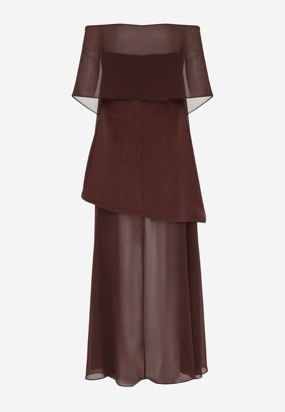 Brązowa Koktajlowa Sukienka z Odkrytymi Ramionami i Dodatkowym Szalem Krynaya 7