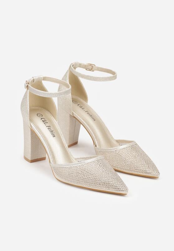 Złote Czółenka na Obcasie Ozdobione Brokatem i Cyrkoniami Prisnara 5