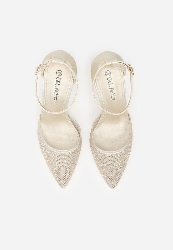 Złote Czółenka na Obcasie Ozdobione Brokatem i Cyrkoniami Prisnara 6