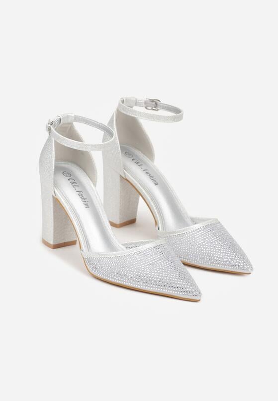 Srebrne Czółenka na Obcasie Ozdobione Brokatem i Cyrkoniami Prisnara 5