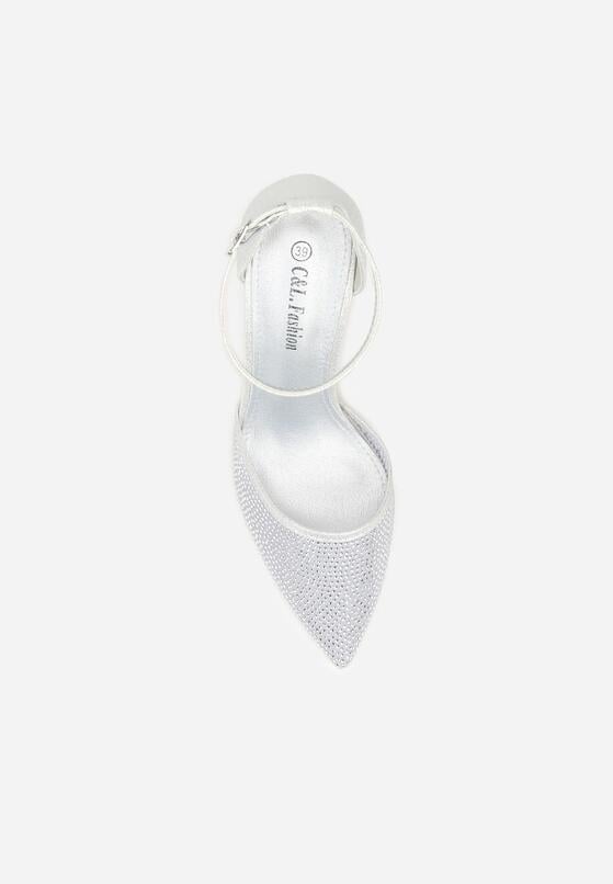 Srebrne Czółenka na Obcasie Ozdobione Brokatem i Cyrkoniami Prisnara 6