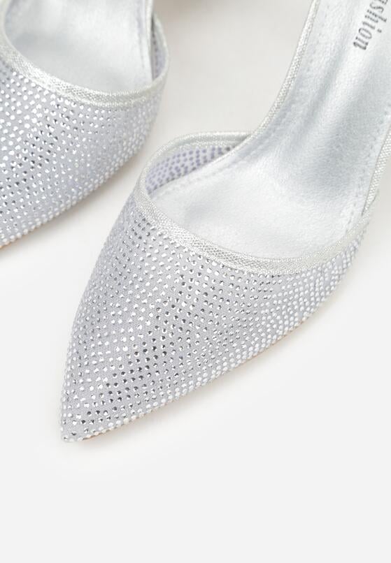 Srebrne Czółenka na Obcasie Ozdobione Brokatem i Cyrkoniami Prisnara 8