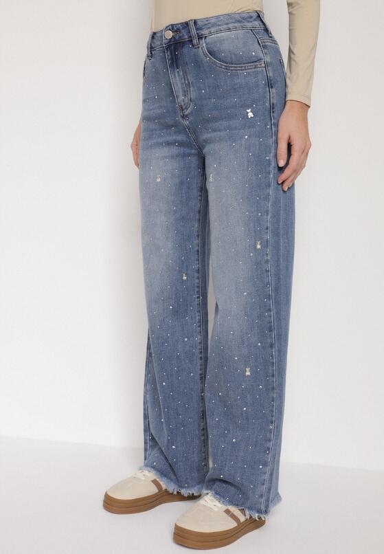 Niebieskie Jeansy z Szerokimi Nogawkami i Wysokim Stanem Zdobione Cyrkoniami Felira 1