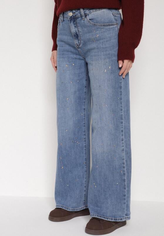 Niebieskie Szerokie Jeansy z Wysokim Stanem i Błyszczącymi Aplikacjami Glysera 1
