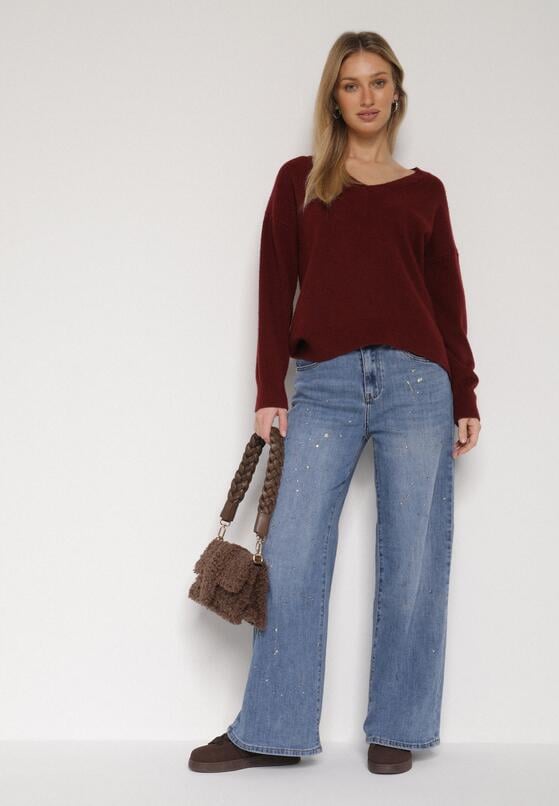 Niebieskie Szerokie Jeansy z Wysokim Stanem i Błyszczącymi Aplikacjami Glysera 2