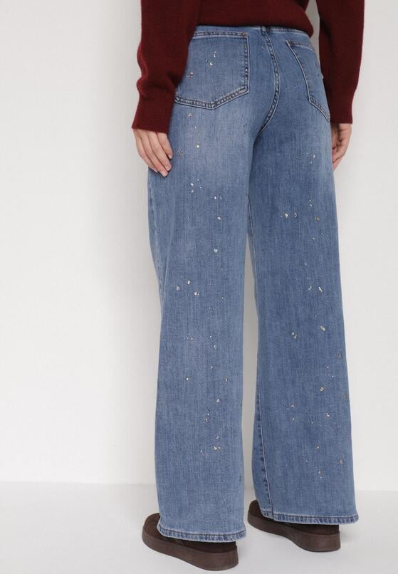 Niebieskie Szerokie Jeansy z Wysokim Stanem i Błyszczącymi Aplikacjami Glysera 3