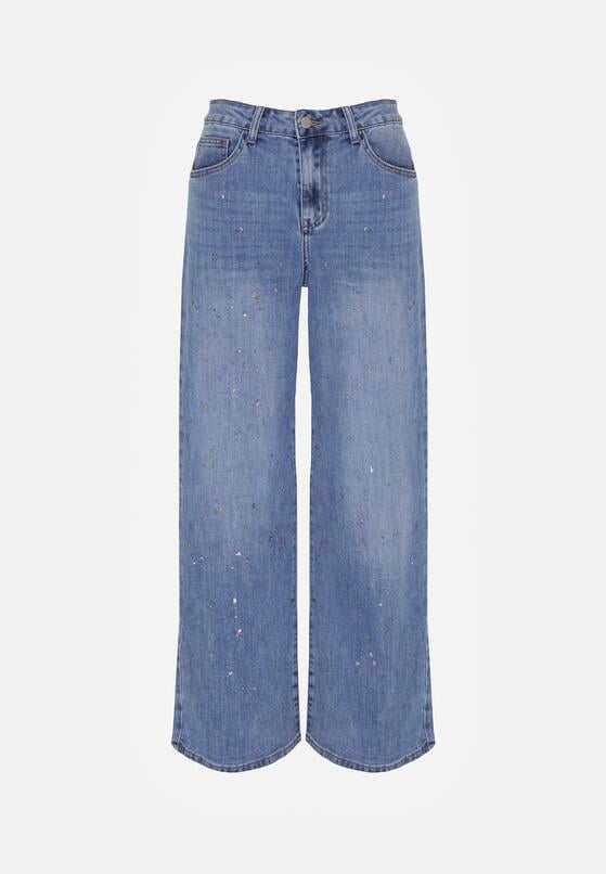 Niebieskie Szerokie Jeansy z Wysokim Stanem i Błyszczącymi Aplikacjami Glysera 6