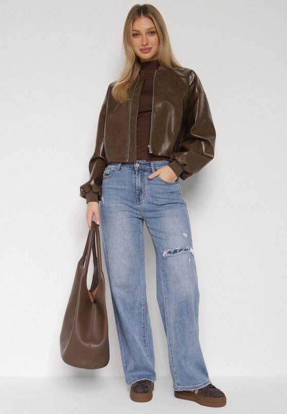 Niebieskie Bawełniane Jeansy o Szerokim Kroju z Wysokim Stanem i Dziurą Telecia 2