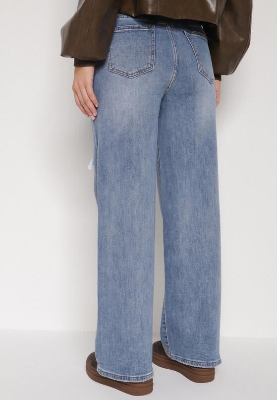 Niebieskie Bawełniane Jeansy o Szerokim Kroju z Wysokim Stanem i Dziurą Telecia 3