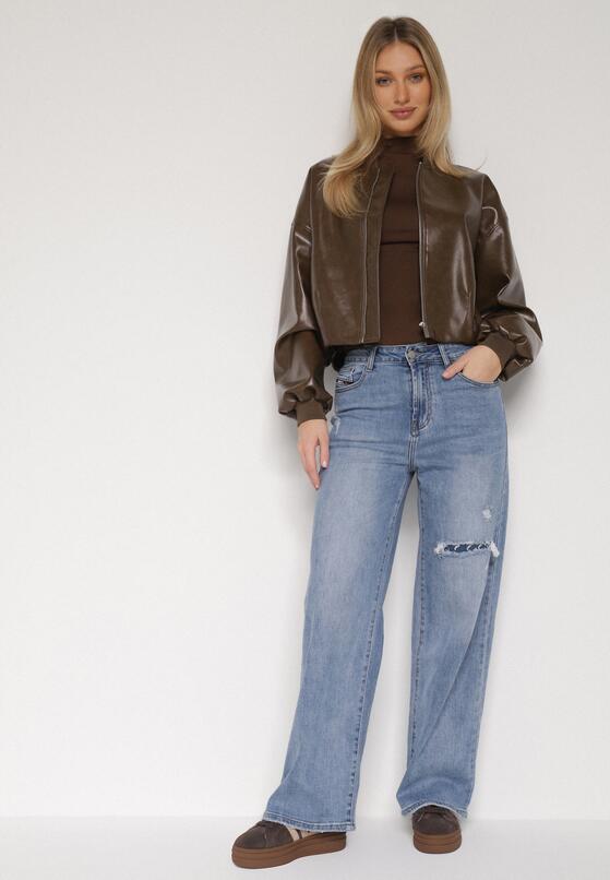 Niebieskie Bawełniane Jeansy o Szerokim Kroju z Wysokim Stanem i Dziurą Telecia 4