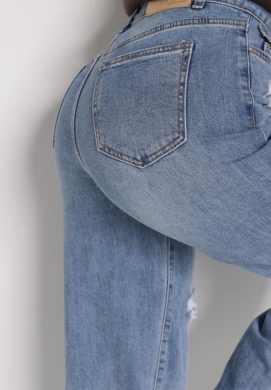 Niebieskie Bawełniane Jeansy o Szerokim Kroju z Wysokim Stanem i Dziurą Telecia 5