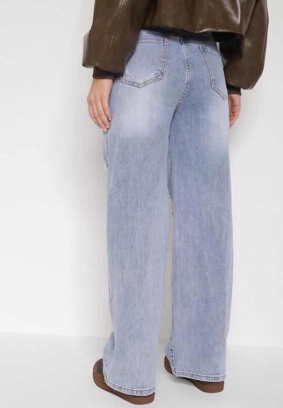 Niebieskie Szerokie Jeansy z Wysokim Stanem Zdobione Przetarciami i Dziurami Brizeth 3