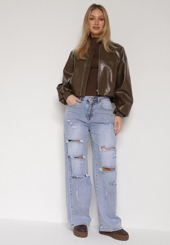 Niebieskie Szerokie Jeansy z Wysokim Stanem Zdobione Przetarciami i Dziurami Brizeth 4