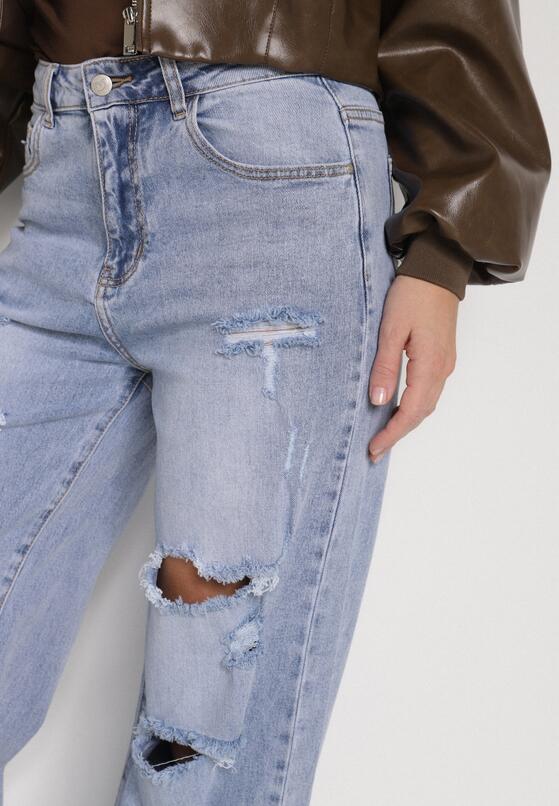 Niebieskie Szerokie Jeansy z Wysokim Stanem Zdobione Przetarciami i Dziurami Brizeth 5