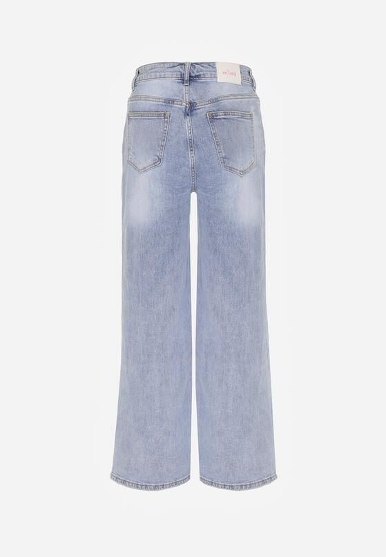 Niebieskie Szerokie Jeansy z Wysokim Stanem Zdobione Przetarciami i Dziurami Brizeth 7